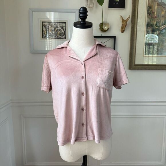 Juicy Couture Silky Soft Pink Velour Silver Bling Stud Cropped Button Up M - Picture 3 of 13